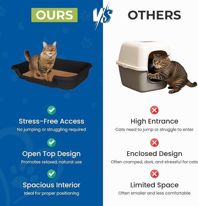 KittyGohere Senior Cat Litter Box Large with Scoop, 2 Pack Black | Open Top Low Entrance Kitty Litter Box With Long-handle Jumbo Scoop, Lightweight Low Entry Litters Box, Durable, Made in USA