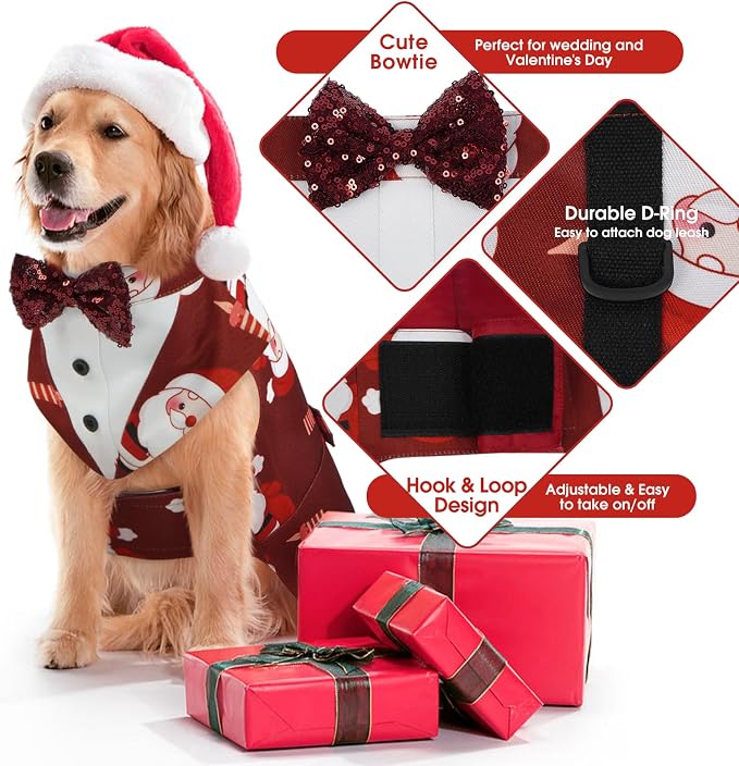 Kuoser Dog Tuxedo, Dog Suit and Bandana Set, Dogs Costume with D-Ring | Formal Dog Outfit with Detachable Bowtie Collar for Wedding, Birthday, Party, Christmas, Halloween, Christmas L