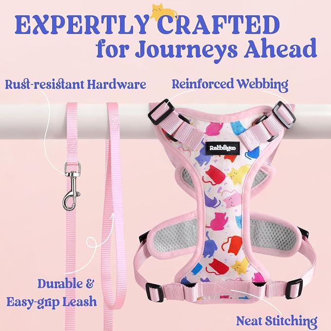 rabbitgoo Cat Harness and Leash Set, Escape Proof Vest, Purrty Pink | Soft Breathable Mesh, Easy Adjustable Fit, Snap Buckles, Sturdy Clip, Reflective Strips, for Kittens & Small Cats Walks, Xxs