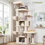 Globlazer 75in Sturdy Cat Tree for Large Cats, Heavy Duty Multi-Level Cat Tower for Indoor Cats with Extended Platform, 2 Spacious Condos, 2 Padded Perches, 6 Sisal Scratching Posts, S75, Beige