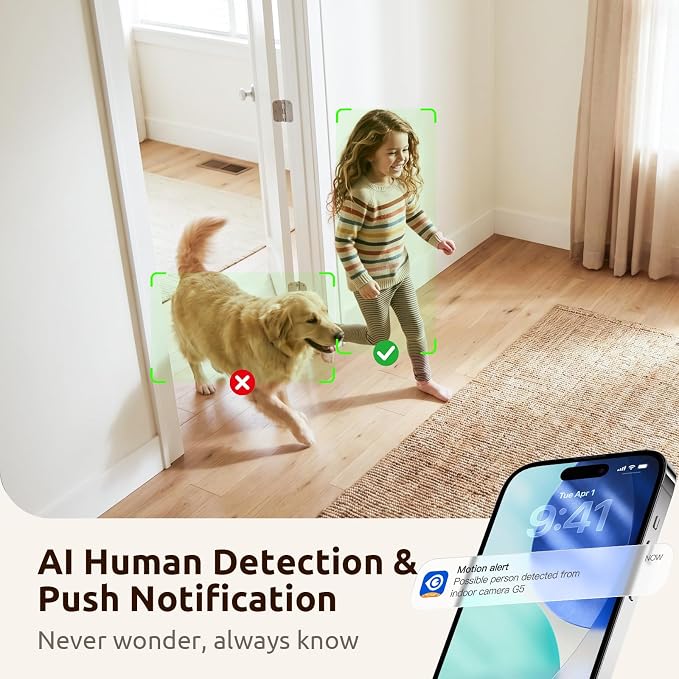 AOQEE 2K Baby Monitor, Security Camera Indoor, 360 Coverage PTZ, G5 1Pack | Baby Monitor with Camera and Audio, Auto Track, Motion Alert, Night Vision, Human Detection, Local TF Card & Cloud Storage