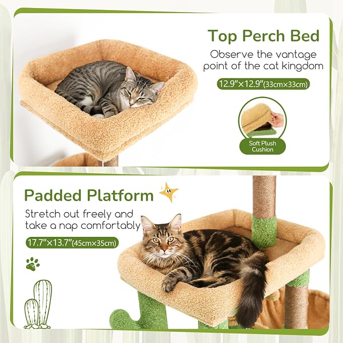 Globlazer 52in Cactus Cat Tree Tower for Indoor Cats, 2 Condos, S52, Green | Multi-Level Plush House, 5 Sisal Scratching Posts, 2 Padded Top Perches, Big Metal Basket, Stable Enlarged Base