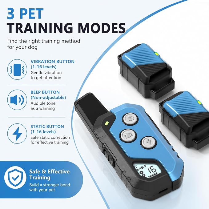 Shock Collar for Dogs, Dog Training Collar with Remote Control for 2 Dogs, 3 Training Modes with Beep, Vibration and Satic, Waterproof, Rechargeable for Large Medium