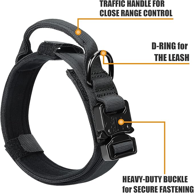 Tactical Dog Collar and Bungee Leash,Military Dog Collar & Leash Set with USA American Flag Adjustable K9 Collar with Heavy Duty Metal Buckle & Handle,with Patches and Airtags Case (L, Black)