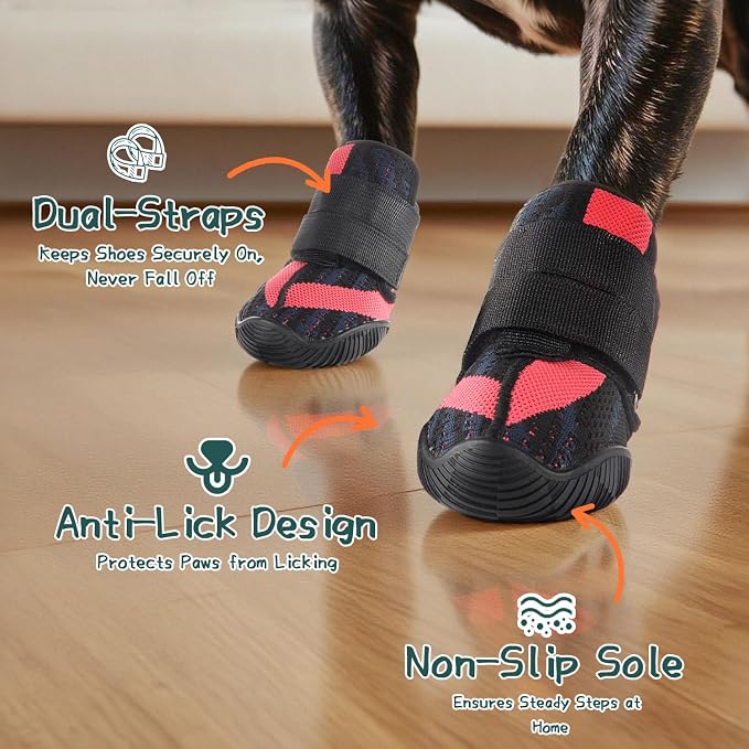 Dog Shoes for Medium Dogs, Outdoor Dog Boots & Paw Protectors for Hot Pavement, Winter Snow Hiking, Breathable Dog Booties, Indoor Hardfloors Anti Slip Sole Black Size 5