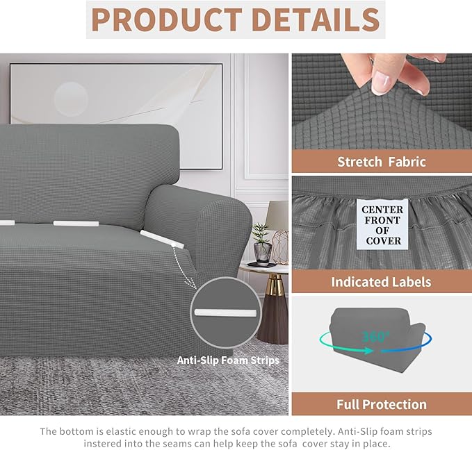 Easy-Going 100% Waterproof Loveseat Couch Cover Stretch Jacquard Sofa Cover | Dual Waterproof Sofa Slipcover, Leakproof Furniture Protector for Kids, Pets, Dog and Cat (Loveseat, Grey)