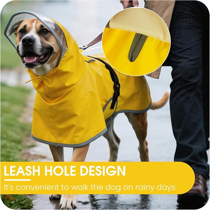 BRKURLEG Dog Raincoat, Waterproof Rain Jacket with Clear Hood for Small Medium and Large Dogs, Adjustable Reflective Pet Rain Coat Poncho with Leash Hole, Yellow L