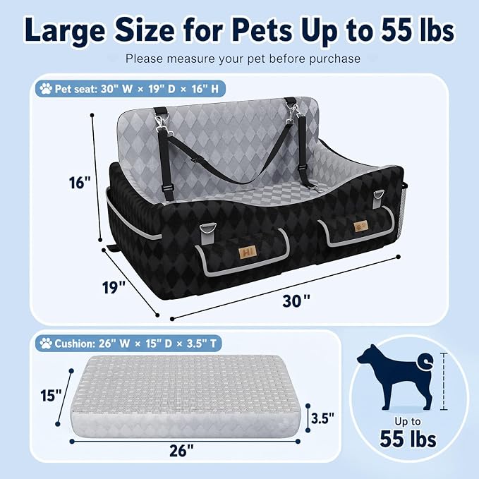 Dog Car Seat for Medium & Large Dogs Up to 55 lbs, Pet Booster Seat with 4 Storage Pockets, Travel Dog Car Bed with Memory Foam Cushion, Reversible Cover, Non-Slip Base for SUV Back Seat