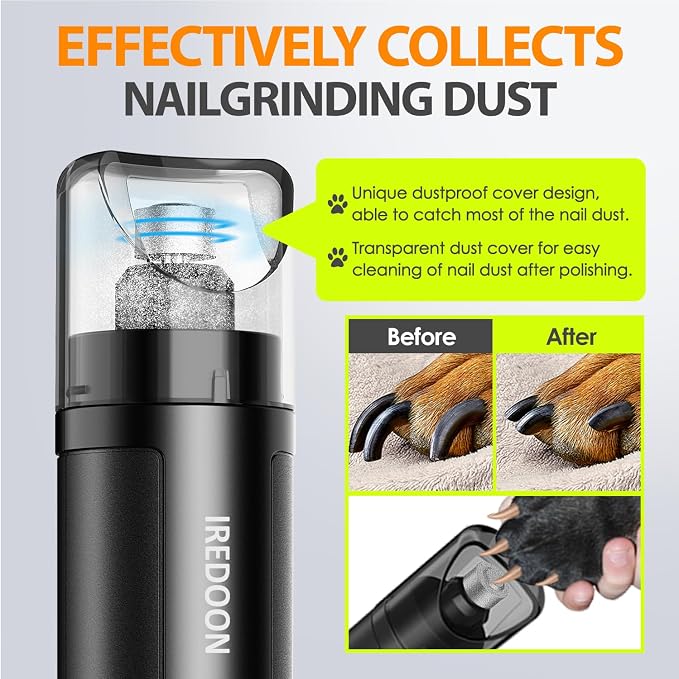 Dog Nail Grinder with 4 LED Lights, 3 Speeds Super Quiet for Pets | Low Vibration,Electric Pet Nail Grinder, Professional Painless Paw Grooming & Smoothing for Small to Large Dogs Cats(Black)