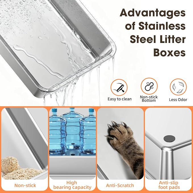 XXXL Stainless Steel Litter Box with Lid，28.3" L x 20.2" W x 17.3" H | Extra Large Enclosed Metal Cat Litter Box for Large Cat and Multiple Cats,Non-Sticky, Anti-Leakage, Easy to Clean