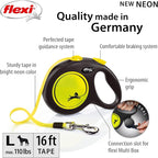 FLEXI® Neon Tape Retractable Dog Leash, Large, 16 ft - Neon Yellow/Black | German engineered, original flexi leash, durable quality for dogs up to 110 lbs, tangle-free, walking, reliable brake system