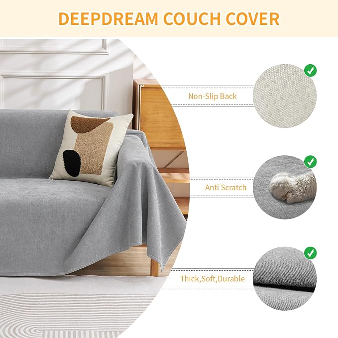 Deep Dream Waterproof Couch Covers for 3 Cushion Couch, Cat-Scratch Resistant Sofa Cover, Pet Friendly Anti Slip Sofa Slipcovers Furniture Protector Washable Sofa Covers, 91" x 118", Light Grey