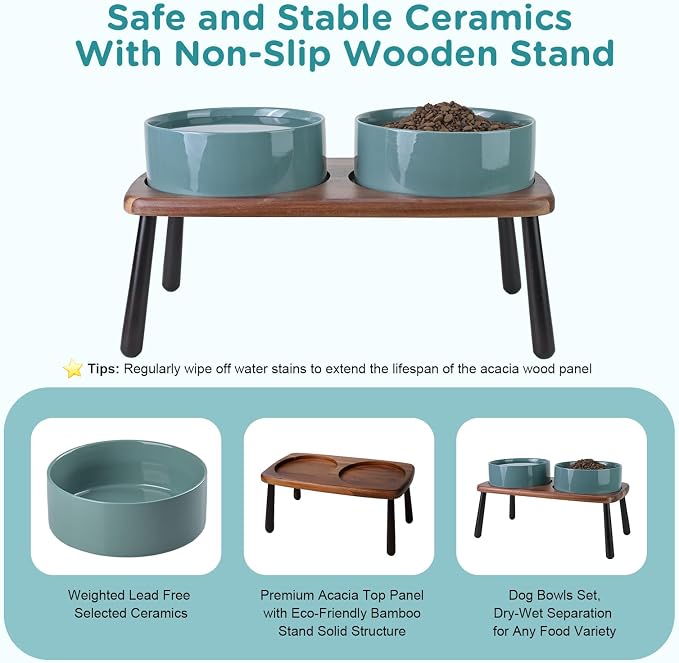 SPUNKYJUNKY Ceramic Elevated Dog Bowls Raised with Acacia Bamboo Wooden Stand, 8.3'' Dog Food Water Bowls Set Non-Slip for Medium Large Sized Breed Microwave Dishwasher Safe - 60 OZ,Dark Green