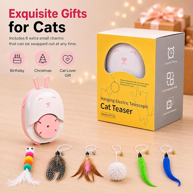 Interactive Cat Toys for Indoor Cats,Automatic Hanging Door Cat Teaser Feather Toy with 6 Accessories,2 Modes,Auto Pause & USB Rechargeable Electric Cat Chase Toy,Safe for Bored Adult Kitten-Pink