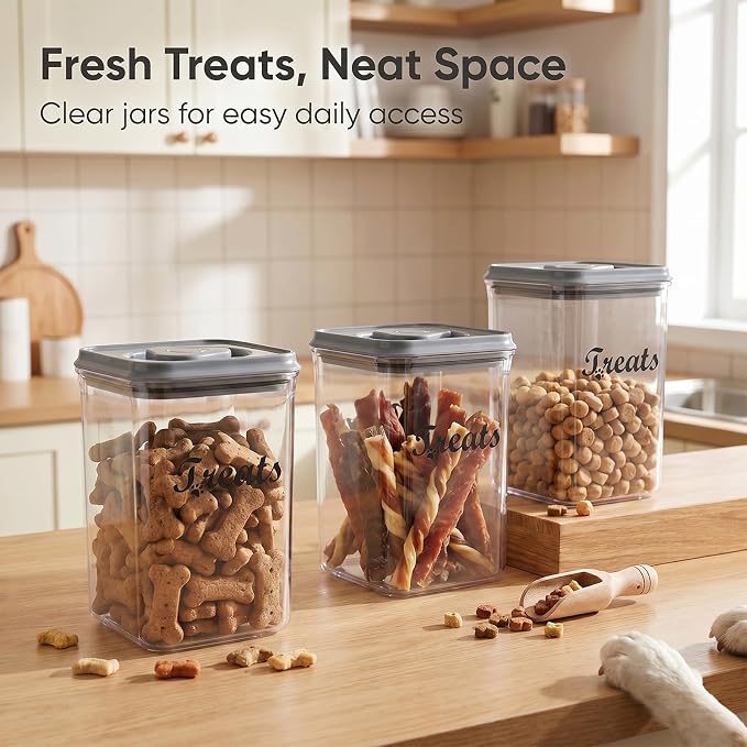 1.37 Qt Pet Food Storage Containers, Airtight Dog Food Storage Container with One-Touch Opening, Dog Treat Container with a Stickers & Pen,Suitable for Pet,Bird Seeds,Dog & Cat Treats(Gray)