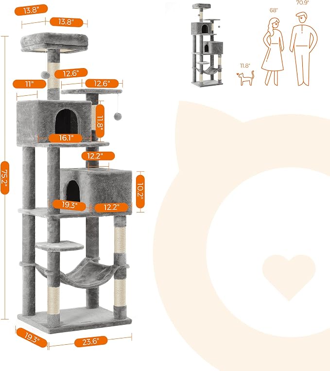 Feandrea Cat Tree, 73.2-Inch Tall Cat Tower, Plush Multi-Level Condo with 5 Scratching Posts, 2 Perches, 2 Caves, Hammock, 2 Pompoms, Light Gray UPCT191W01