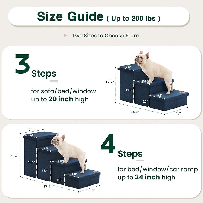 Love's cabin Dog Stairs for High Bed, Foldable Pet Stairs for Small Medium or Large Dogs Puppy with Storage for Bed or Couch, Cat Dog Steps Ramp with Zip up to 200 lbs, Navy Blue, 4 Steps