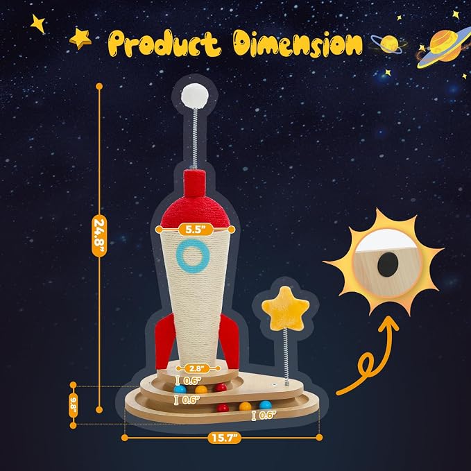 PETEPELA Cat Scratching Post, Rocket Sisal Cat Scratcher, 24.8'' Cute Scratching Post with 2-Layers Wooden Track Cat Toys & Spring Pompom for Indoor Cats Adults | Cute Scratching Post with 2-Layers Wooden Track Cat Toys & Spring Pompom for Indoor Cats ...