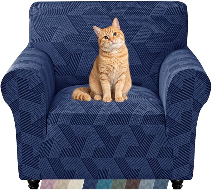 ZNSAYOTX Stretch Armchair Covers for, 1-Piece Chair Slipcovers for Living Room, Furniture Protector with Elastic Bottom for Dogs Cats Kids Geometrical Jacquard Fabric (Small, Navy Blue)
