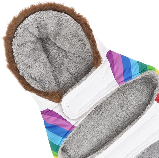 HDE Dog Puffer Jacket Fleece Lined Warm Dog Parka Winter Coat with Harness Hole White Rainbow Stripe - XL