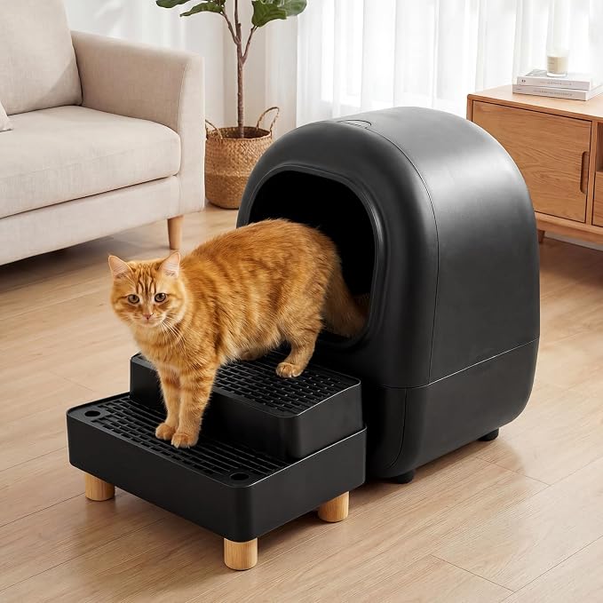 Adjustable Litter Box Step, Cat Litter Box Ramp/Catcher with Wooden Feet | 2 Steps,Fits Automatic Litter Box Steps, Filter Function, Anti-Tracking, Easy to Clean, For Small & Elderly Cats