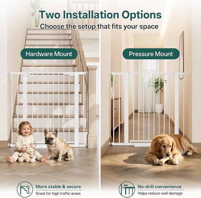 InnoTruth 29.6-39.1 in Wide x 35.5 in High Extra Tall Baby Gate, White | Indoor Metal Dog Gate for Stairs and Doorways, Auto Close Walk Through Door for Pets, Double Lock, Pressure or Hardware Mount