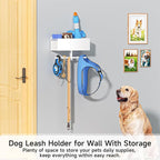Dog Leash Holder for Wall, Dog Leash Hooks, Pet Stuff Organizer with Shelf Storage, Metal Key Holder, Leash Hangers Organizer Rack for Pet Collar, Toys, Treats, Poop Bag (White)