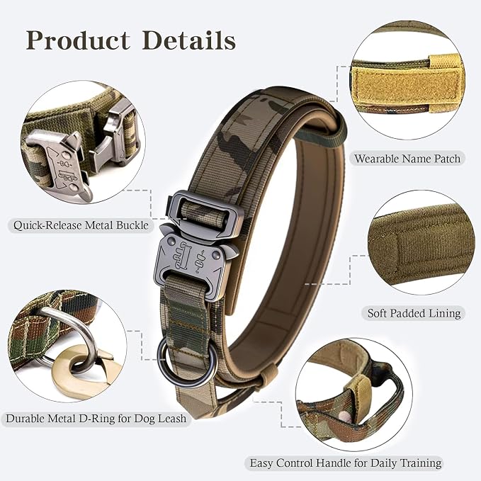 Tactical Dog Collar and Leash Set for Large Dogs with Control Handle，Camo | 1000D Heavy-Duty Nylon Fabric,Quick-Release Metal Buckle,Adjustable Fit,Soft-Padded Webbing,D-Ring,for Training & Hiking,XL