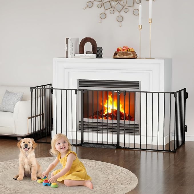 127.5" Wide Configurable Baby Gate for Fireplace Christmas Tree | Extra Wide Child Gate for Large Openings with Anti-Trip Pedal, Long Kid Gate for Dog Pet, 28'' Tall 5 Metal Panels Black