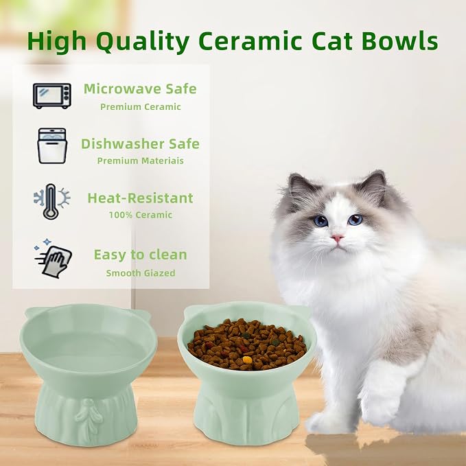 Elevated Cat Bowls 2-Pack, Ceramic Raised Cat Food & Water Dishes - Extra Wide & Shallow Whisker-Friendly Design, Anti-Vomit & Easy Digestion, Lead/Cadmium-Free, Microwave & Dishwasher Safe (Green)