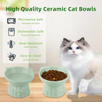 Elevated Cat Bowls 2-Pack, Ceramic Raised Cat Food & Water Dishes - Extra Wide & Shallow Whisker-Friendly Design, Anti-Vomit & Easy Digestion, Lead/Cadmium-Free, Microwave & Dishwasher Safe (Green)