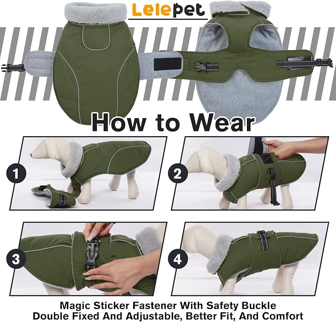 Lelepet Dog Coats for Medium Dogs Waterproof Dog Jacket with Adjustable Fit | Reflective Fleeve Vest Adjustable Hook & Loop Closure Cold Weather Coats for Small Medium Large Dogs,Leash Hole Army Green, M