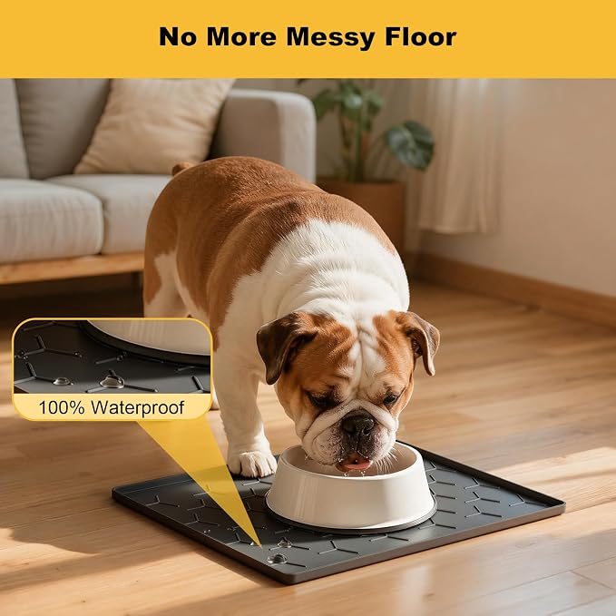 Pieviev Silicone Dog Cat Food Bowl Mat, Waterproof Raised Edge, 16'' x 12'' | Food-Grade Bpa-Free Pet Food Mat, Waterproof & Non-Slip, Raised Edges Contains Spills & Drips, Fits Pet Bowls and Fountains