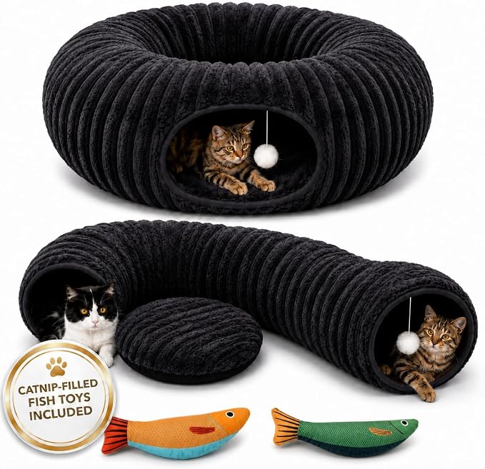 Cat Tunnel Bed with 2 Catnip Fish Toys (1000mg Natural Catnip) Interactive Cat Toys, Cat Tubewith Kitten Toys for Indoor Kittens, Collapsible Play Tunnel, Dark Grey