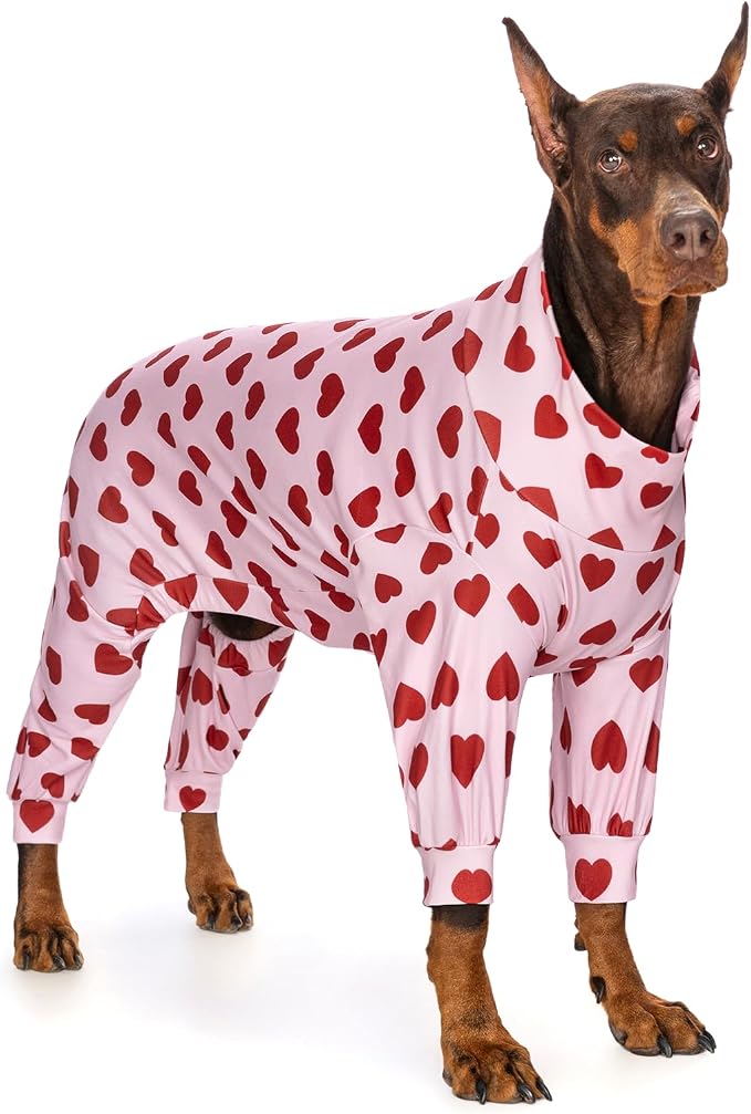 Dog Pajamas for Medium Large Dogs, Soft Stretchy Lightweight Dog Onesie with Red Heart Print, Breathable Full Body Dog PJs for Recovery, Sleeping & Calming (XX-Large, 40–55 lbs)