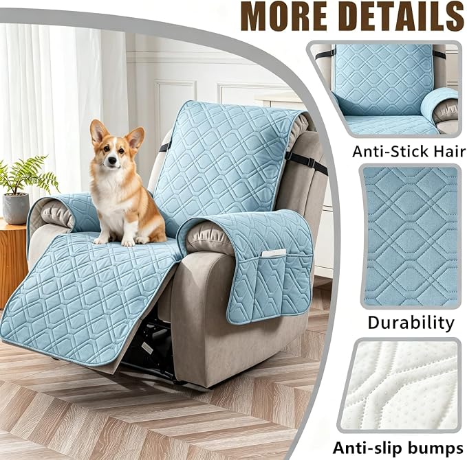100% Waterproof Recliner Chair Cover, Non-Slip Washable Recliner Slipcover with Elastic Straps & Side Pocket, Stay in Place Furniture Protector for Dogs Cats Kids (Light Blue, 23)