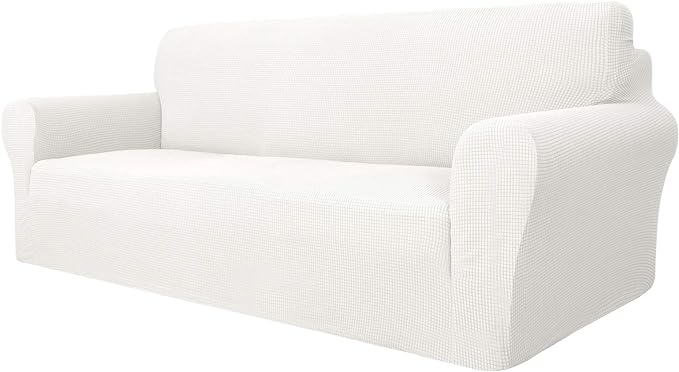 MAXIJIN Super Stretch Couch Cover for 3 Cushion Couch, 1-Piece Universal Sofa Covers Living Room Jacquard Spandex Furniture Protector Dogs Pet Friendly Fitted (Extra Large, White)