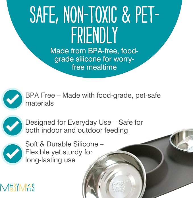 Messy Mutts Double Silicone Dog Feeder, Stainless Bowls, Medium, Grey | Non-Slip Silicone Double Dog Feeder With Two Removable Stainless Steel Bowls For Food And Water