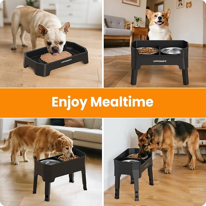 URPOWER Elevated Dog Bowls, 3-in-1 Double Deck Raised Dog Bowl Stand | 4 Height Adjustable Raised Stand with 2 Stainless Steel Food Bowls & Licking Plate for Small, Medium & Large Dogs