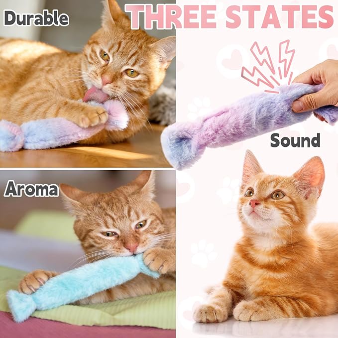 Cat Kicker Toy 3Pcs, Candy Shape Catnip Toys for Cats | Catnip Toys with Crinkle Paper. Indoor Kitten Toy Kicker Pillows.