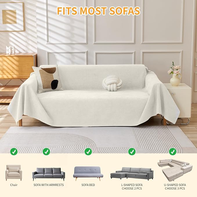 Deep Dream Cat-Scratch Resistant Couch Cover, Waterproof Sofa Cover for 3 Cushion Couch Washable, Pet Friendly Couch Protectors Anti Slip Thickened Sofa Slipcovers for Dogs Pets, 71" x 118", White