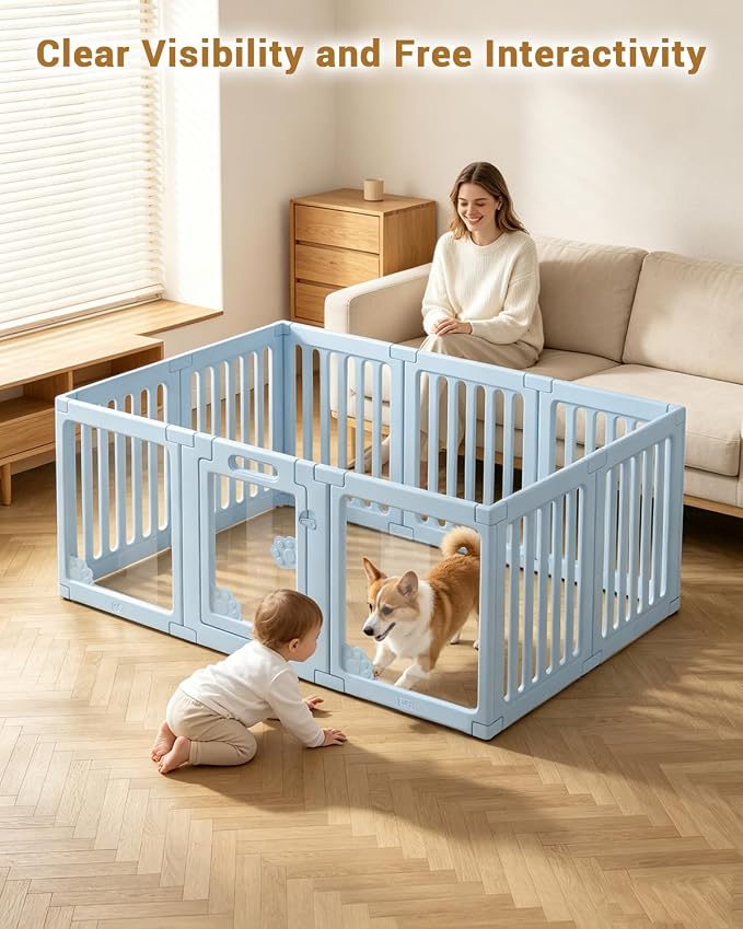Acrylic Indoor Dog Playpen, 24" H 10 Panels DIY Puppy Playpen, Blue | Indoor & Outdoor Dog Play pen with Heavy Duty Door Lock, Easy-Assembly&Clean Door Pet Fence for Dogs Puppy,Cats,Rabbits