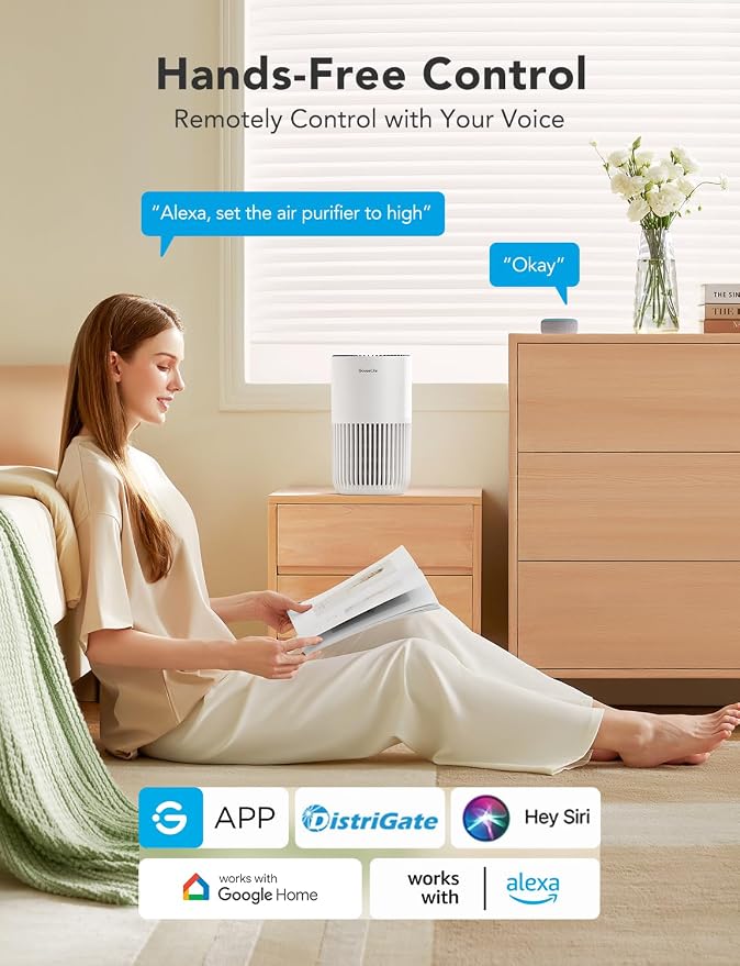GoveeLife Smart Mini Air Purifier for Bedroom, with App & Alexa Control | HEPA Filter, Portable Air Cleaner with 3 Speeds, 2 Modes, Aroma for Pet Hair, Odors, Pollen, Home, White