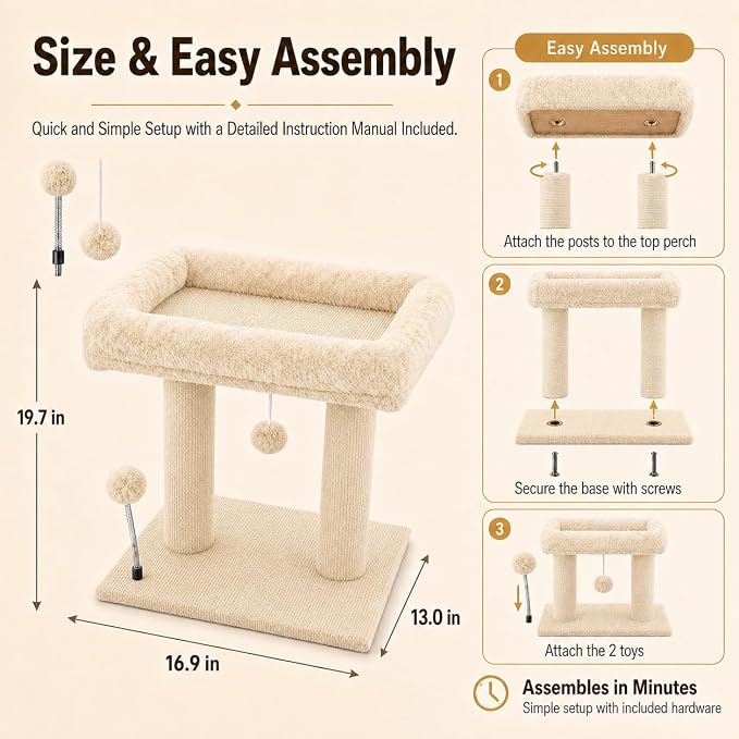 Small Cat Tree with Large Top Perch for Indoor Cats, Beige | Carpeted Scratching Post | Soft Plush Bed | Furniture Protecter | Small Cat Tower | Replacement Toy Balls | Space-Saving