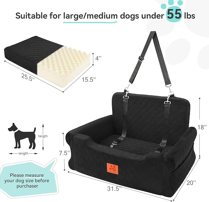 XIEEAOZEE Dog Car Seat for Large/Medium Dogs Up to 55 Lbs, Soft Fabric Car Dog Bed Filling Memory Foam, Removable and Washable Pet Booster Carseat with 2 Safety Leashes, Thick Cushion (Black)