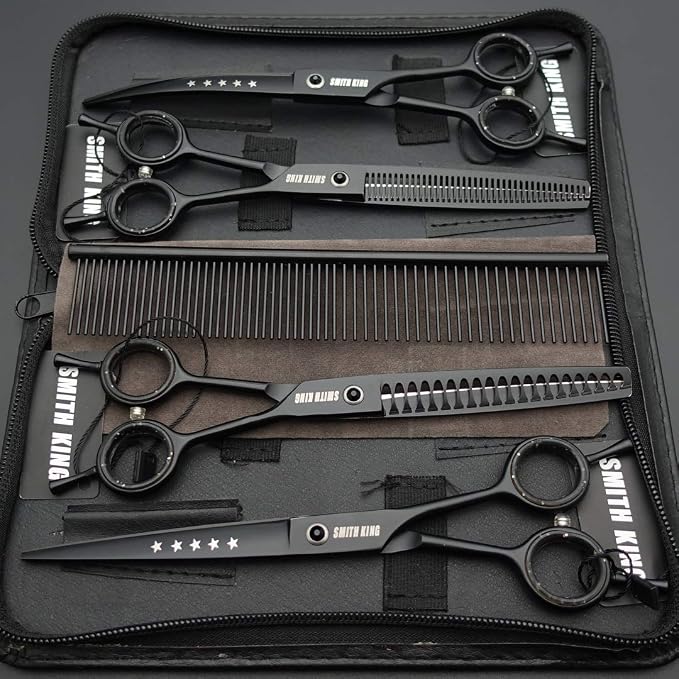 7.0 inches Professional Dog Grooming Scissors Set Straight & thinning & Curved & chunkers & comb 5pcs in 1 Set for left-handed & right handed Black