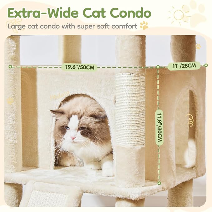 Taoqimiao Cat Tree for Large Cats, 72In Tall Cat Tower, Giant Platform | Widened Cat Condo with Large Scratch Board, 5 Scratching Posts, Metal Frame Hammcock, Cozy Basket, Beige, MS045M