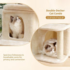 Heybly 26.3" Cat Tree for Large Cats with Big Perch & Dual Condos HCT204SM | 26.3-inch Spacious Cat Tower with Scratching Posts, Stair-Style Cat House Furniture with Cozy Basket & Pompom, Beige