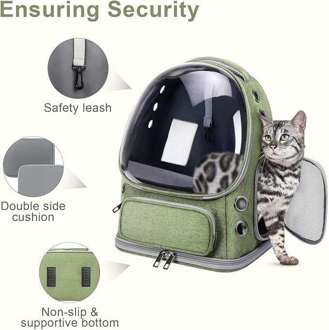 Cat Backpack Carrier, Breathable Cat Carrier Large Space Bubble Pet Backpack for Kitty Small Dog up to 20lbs, Transparent & Foldable Pet Carrier for Travel Hiking, Green
