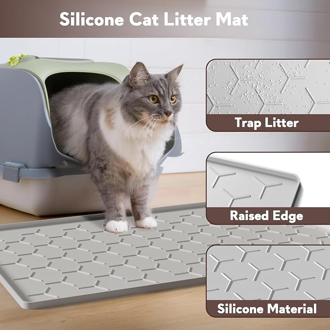 Garoopion Silicone Cat Litter Mat 24×16 inch, Easy to Clean, Gray | Waterproof Silicone Mat with Raised Edges, Catch Litter, Protect Floor from Urine, Multi-Use for Dog/Sink/Kitchen/Boots